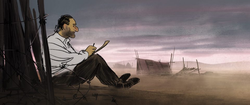 Eine Szene aus dem Film, Zeichnung eines Mannes, der am Baum lehnt und etwas zeichnet. Im Hintergrund Zelt und Brache.