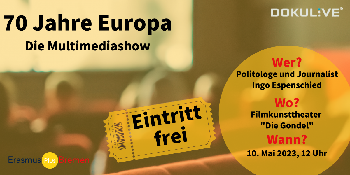 Multimediashow zu 70 Jahre Europa. In Hintergrund sieht man Menschen im Kino sitzen.